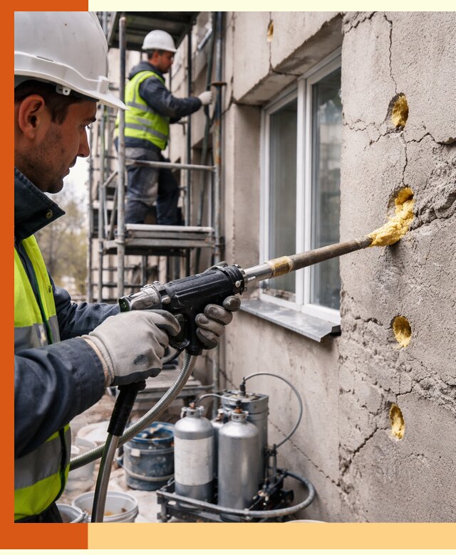 Заполнение пустот в фасаде и утепление стен в Одинцово